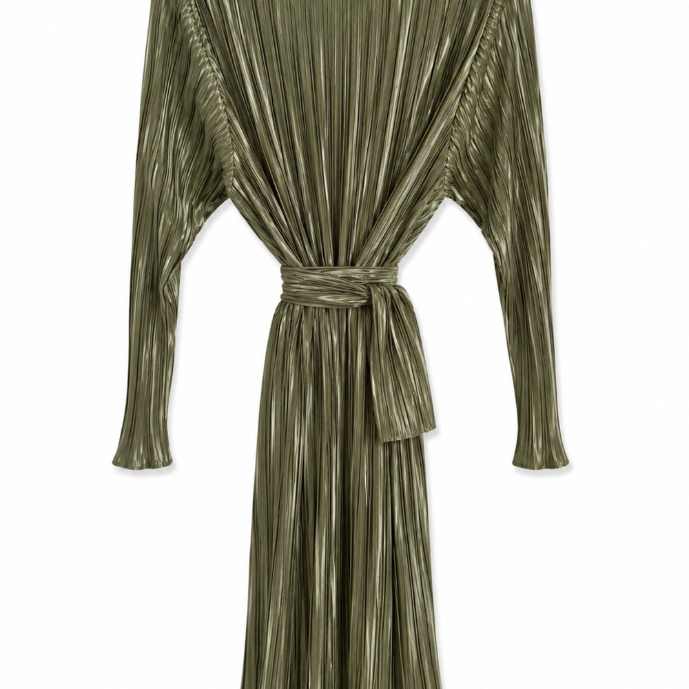 Pleated Olive Green Mini Dress with Self Tie Waist